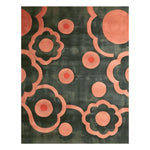 The Peachy Perception Hand Tufted Rug features an abstract design with large peach-colored floral patterns on a dark background, perfect for adding a touch of elegance to any bedroom or dining room. This wool area rug is ideal for those looking to enhance their space with stylish bedroom rugs.