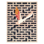 A stunning area rug featuring a contemporary design with a bold geometric pattern and a striking bird motif. The hand-tufted wool rug showcases a blend of earthy tones and vibrant colors, perfect for adding a touch of elegance to any living room. This large living room rug combines style and comfort, making it a standout piece in modern home decor.