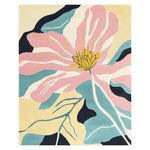 A vibrant hand tufted area rug featuring a large abstract floral design with pink petals, a yellow center, and teal accents. This contemporary wool rug is perfect for adding a splash of color to your living room. Ideal as an 8x10 area rug for modern interiors.