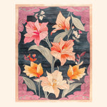 The Petals Panorama Hand Tufted Rug is an exquisite floral area rug designed for dining rooms and living spaces. This vintage-style wool rug features vibrant flowers in shades of pink, orange, and cream against a dark backdrop, framed by a soft purple border. Perfect for adding elegance to formal dining room settings or as a standout piece among dining room area rugs.