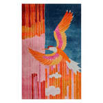 Vibrant Phoenix Flight Hand Tufted Wool Rug featuring an abstract design of a colorful bird in flight, ideal as an area rug for living room spaces, showcasing rich hues of orange, pink, and blue.