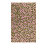 Top view of a Pink and Gold Leopard Print Hand Tufted Wool Rug, ideal for enhancing the aesthetic of a dining room or large living room. This contemporary wool rug features a stylish leopard pattern, perfect for adding a touch of elegance to any living space.