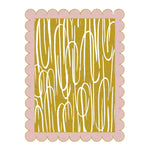 A stylish area rug with a modern design, featuring a vibrant pattern in shades of mustard yellow. The rug is bordered by a distinctive pink scalloped edge, creating a contemporary focal point for any living room. This wool rug is perfect for adding a touch of elegance to your space, measuring 8x10, ideal for area rugs for living room settings.