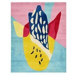 A vibrant area rug with a playful abstract design, featuring bold colors like blue, yellow, red, and pink. This contemporary wool rug is perfect for adding a touch of modern art to your living room. Ideal as a large living room rug, it combines style and comfort effortlessly.