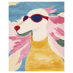 Vibrant and playful area rug featuring a stylish dog wearing sunglasses, perfect for adding a contemporary touch to your living room. This wool rug, ideal as an 8x10 rug for living rooms, showcases bold colors and unique design.