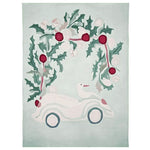 A whimsical area rug featuring a festive Christmas design, hand-tufted with wool. The rug showcases a playful scene with a duck riding in a vintage car surrounded by holly leaves and red berries, perfect for adding charm to any living room.