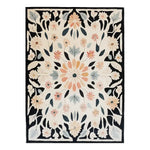 Radiant Bloom Hand Tufted Wool Rug showcasing a vibrant floral design with soft hues on a black background. This area rug, perfect for living rooms, highlights intricate patterns and elegant colors, making it an ideal wool rug and a beautiful addition to any space.