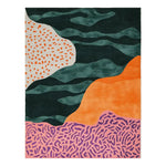Vibrant area rug featuring abstract patterns in green, orange, and pink hues, perfect as a contemporary wool rug for large living room spaces. This hand tufted living room rug in 8x10 size adds a modern artistic flair.