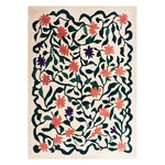 Top view of the Radiant Burst Hand Tufted Wool Rug featuring a vibrant floral pattern with red and purple flowers intertwined with green vines on a cream background. This contemporary area rug is perfect for adding a touch of elegance to your living room, offering a soft and luxurious feel.