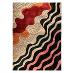 Vibrant area rug with flowing abstract patterns in red, orange, and black tones, ideal for contemporary dining rooms or living rooms. This wool rug adds a touch of modern elegance and style to any space, perfect for living room and dining room rugs.