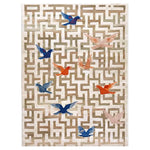 Top view of the Radiant Journey Hand Tufted Wool Rug, featuring a unique maze-like pattern in neutral tones with vibrant orange and blue birds. This contemporary area rug is perfect for adding a splash of color to large living rooms, crafted from high-quality wool for a luxurious feel.
