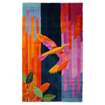 Vibrant area rug featuring a hand tufted abstract design with a colorful bird motif in wool. Perfect for adding a splash of color to large living rooms, this 8x10 wool rug combines rich hues of orange, pink, and blue with leafy accents, making it an ideal choice for those seeking standout living room rugs.
