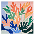 A vibrant and colorful wool area rug featuring an abstract design with bold shapes in hues of blue, green, orange, and pink. This contemporary square area rug is perfect for adding a splash of color to large living room spaces.