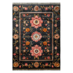 Top view of the Regal Flora Hand Tufted Wool Rug, featuring vibrant floral patterns in red, orange, and pink on a dark background. This elegant area rug adds a touch of sophistication to any living room, perfect for those seeking quality wool rugs.