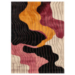 This Retro Tide Hand Tufted Rug is a stunning area rug with a contemporary design, featuring a vibrant abstract wave pattern in shades of black, orange, and burgundy. Made from high-quality wool, it is an ideal choice for living room rugs 8x10, offering both style and comfort.