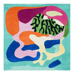 Vibrant Rhythmic Gesture Garden Layer Hand Tufted Area Rug featuring an abstract design with bold colors including orange, pink, green, and blue. This contemporary square area rug is crafted from high-quality wool, making it a perfect addition to modern living rooms.