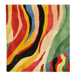 Vibrant Rhythmic Heat Flow Hand Tufted Area Rug featuring bold abstract patterns in red, yellow, blue, green, and black hues. This contemporary square area rug, made from high-quality wool, is perfect for adding a splash of color to any living room.