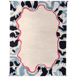 A contemporary hand-tufted wool area rug featuring a unique abstract border design in blue and black with a red accent, perfect for large living rooms.