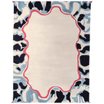 A contemporary hand-tufted wool area rug featuring a unique abstract border design in blue and black with a red accent, perfect for large living rooms.