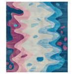 Vibrant Ripple Terrain Hand Tufted Area Rug featuring a contemporary abstract design in shades of pink, blue, and cream. This wool rug is perfect for adding a stylish touch to living room area rugs, ideally sized for living room rugs 8x10.