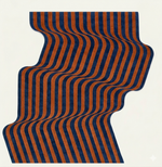 Wavy striped rug with blue and orange pattern on a white background