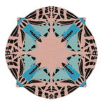 Top view of a round abstract butterfly hand-tufted area rug in blue, featuring a striking contemporary design. Ideal for adding a touch of style to any bedroom or living room, this wool rug offers a modern aesthetic perfect for area rugs in living spaces.