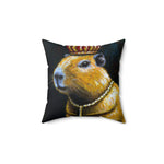 Royal-themed throw pillow featuring a whimsical portrait of a capybara wearing a crown and necklace, perfect for adding a playful touch to home decor.
