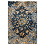 Elegant Sapphire Elegance Hand Tufted Wool Rug featuring a rich blue and gold abstract pattern, ideal as an area rug for large living rooms. Perfect for adding a touch of sophistication, this 8x10 wool rug is both stylish and durable.