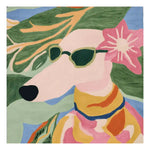 Vibrant hand-tufted wool area rug featuring a colorful abstract design of a stylish dog wearing sunglasses and a floral accent. This square area rug adds a playful contemporary touch to any living room space.