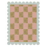 This image showcases a beautifully designed Scalloped Leaf Checker Pastel Hand Tufted Rug, perfect for large living rooms. The area rug features a delicate checker pattern in soft pastel hues, with a unique scalloped edge adding a touch of boho charm. Made from high-quality wool, this large area rug is ideal for creating a cozy and stylish atmosphere in your living room.