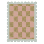 This image showcases a beautifully designed Scalloped Leaf Checker Pastel Hand Tufted Rug, perfect for large living rooms. The area rug features a delicate checker pattern in soft pastel hues, with a unique scalloped edge adding a touch of boho charm. Made from high-quality wool, this large area rug is ideal for creating a cozy and stylish atmosphere in your living room.