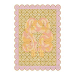 Top view of the Scalloped Serpentine Duo Harmony Hand Tufted Area Rug, featuring an abstract design in soft pink and gold hues. Ideal for adding a unique touch to bedroom and living room spaces, this wool rug offers a blend of elegance and comfort.