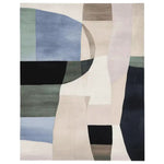 A beautifully designed area rug with an abstract pattern in soothing shades of blue, green, black, and beige. This contemporary wool rug offers a stylish and modern touch, perfect for enhancing area rugs for the living room.
