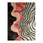 Top view of a sculptural hand tufted area rug featuring an abstract design with wavy patterns and bold colors. This contemporary rug is perfect for adding a touch of modern elegance to your bedroom or living room. Made from high-quality wool, it is ideal for use as a bedroom area rug, enhancing the cozy feel of your space.