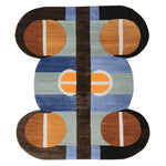 This area rug features a contemporary design with bold geometric patterns in shades of blue, brown, and orange. The hand-tufted wool rug adds a modern touch to any living room. Perfect for an 8x10 space, this stylish rug combines form and function.