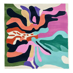 Vibrant and colorful Serene Flower Radiance Hand Tufted Rug, a contemporary square area rug perfect for living rooms. This 8x10 wool rug features an abstract design with bold hues of green, pink, blue, and orange, making it an eye-catching centerpiece for any living room area.