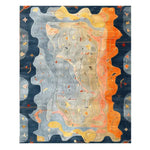 The Serenity Waves Hand Tufted Rug showcases a vibrant blend of colors in an abstract design, perfect for a contemporary dining room. This wool area rug features a mix of blues, oranges, and yellows, ideal as a dining table rug or large area rug, enhancing any dining room setting.