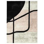 This image showcases a contemporary area rug with an abstract geometric design, hand-tufted from wool. The Shadow Thread Geometry Rug features bold black lines against a soft palette of cream, beige, and light gray, ideal for modern living room settings.