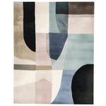 A contemporary area rug showcasing a blend of soft, muted colors in an abstract geometric pattern. This hand-tufted wool rug is perfect for adding a modern touch to large living rooms.
