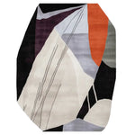 A contemporary wool area rug with an abstract design featuring bold geometric shapes in shades of orange, black, and cream, perfect for living rooms. This hand-tufted rug measures 8x10, ideal for adding a modern touch to any living space.