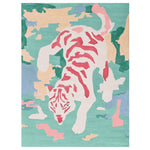 This vibrant area rug features an abstract tiger design with bold red stripes on a multicolored background, perfect as a contemporary rug for your living room. Made from high-quality wool, this hand-tufted rug adds a touch of artistic flair to any space.