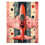 An exquisite area rug showcasing a contemporary design with an airplane motif in vivid red and black hues, set against a backdrop of geometric shapes. Ideal for adding a modern touch to living room area rugs, this wool rug combines style and functionality, making it a standout piece in rugs for living room settings.