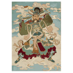 The Skyward Warrior Hand Tufted Area Rug features a vibrant depiction of a warrior against a backdrop of clouds. This wool rug, perfect for living room settings, showcases intricate detailing and bold colors, making it an ideal choice for those seeking living room rugs 8x10 to enhance their space.
