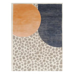 A contemporary area rug featuring a hand-tufted wool design with abstract shapes in warm orange and deep blue tones. The background showcases a pebble-like pattern, adding texture and style, perfect for modern living rooms.