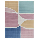 Top view of a contemporary area rug featuring a unique abstract design with pastel blocks of color, perfect for adding a modern touch to living room decor. This wool rug is ideal as an 8x10 area rug for living room spaces.