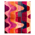 Vibrant Solar Flow Hand Tufted Area Rug featuring modern, wavy patterns in shades of pink, orange, and red. This contemporary wool rug is perfect for adding a stylish touch to living room area rugs.