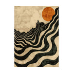 The Solar Symphony Hand Tufted Rug features an abstract design with bold, wavy black lines and a striking orange sun against a soft beige background. Perfect as a dining table rug or for a contemporary touch in a large living room, this wool area rug brings artistic flair to any space.