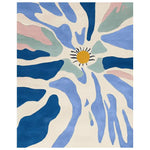Vibrant hand-tufted area rug featuring a contemporary abstract design with flowing blue, green, and pink patterns radiating from a central yellow sun. Perfect wool rug for adding a modern touch to living room spaces.