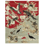 The 'Song of the Skies Hand Tufted Rug' is a stunning area rug crafted from wool, ideal for adding elegance to living room spaces. The design features a vibrant depiction of birds and flowers against a rich red and muted beige background, making it a captivating large living room rug.