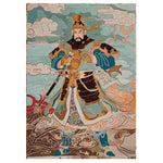 Vibrant hand-tufted area rug featuring an abstract depiction of a warrior in traditional attire, ideal for enhancing living room decor. This wool rug showcases intricate patterns and rich colors, perfect for adding a bold statement to any living room area rugs collection.